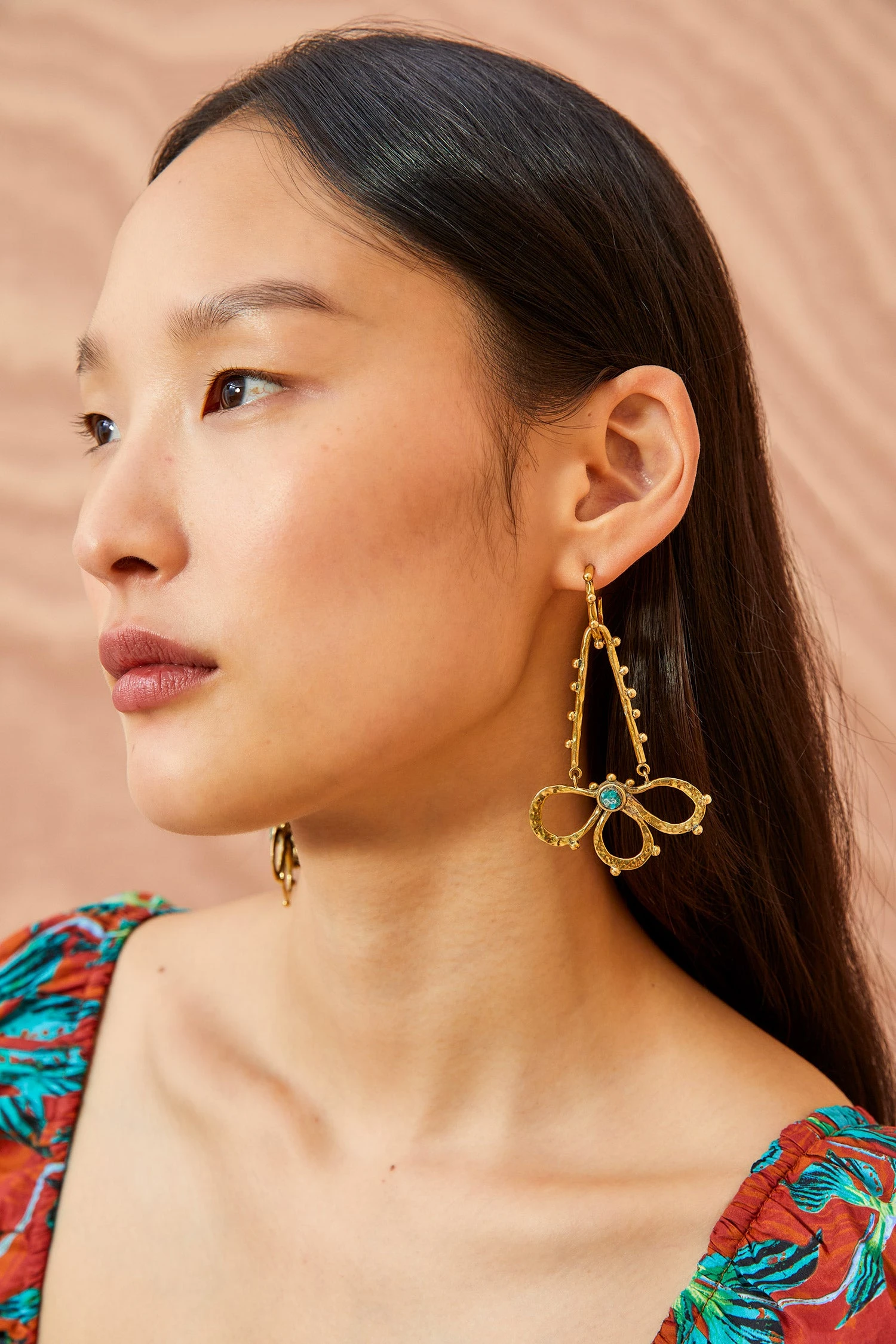 ULLA JOHNSON Hammered Chain Hoop Flower Drop Earring - Turquoise 1 ULLA JOHNSON Hammered Chain Hoop Flower Drop Earring - Turquoise